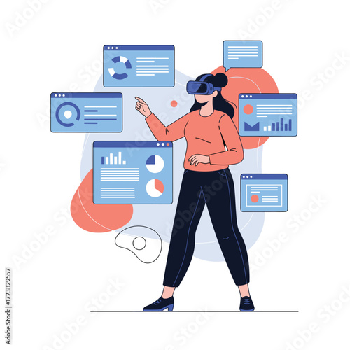 A woman wearing a VR headset interacts with multiple data dashboards.