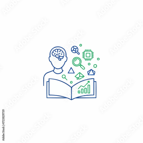 Abstract vector illustration of person learning analyzing data from open book concept