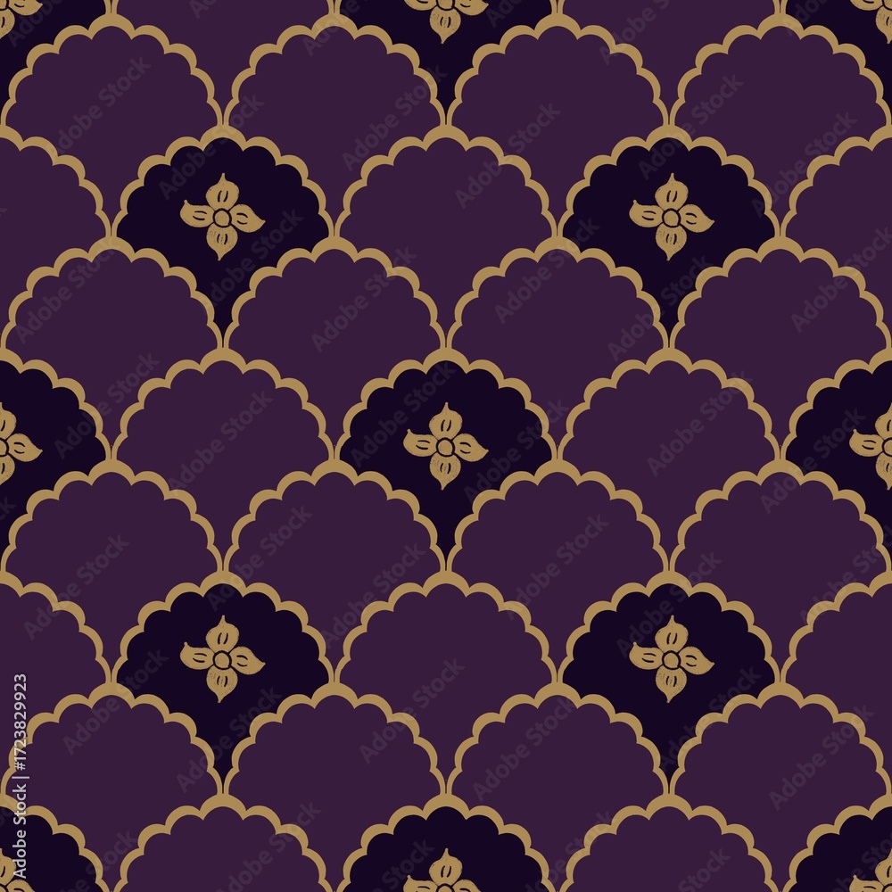 Fototapeta premium Seamless retro floral pattern with scalloped shapes in purple and gold tones