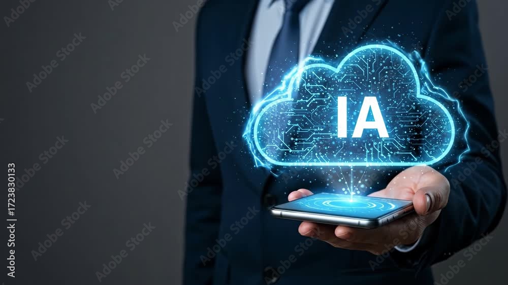 IA Icône d'intelligence artificielle dans un nuage holographique numérique au-dessus du téléphone tenu dans la main d'un homme d'affaires vidéo 4k