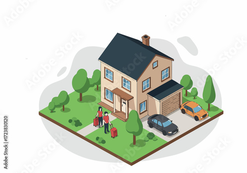 Happy family in the front yard of their modern suburban house with a car, representing home and property life