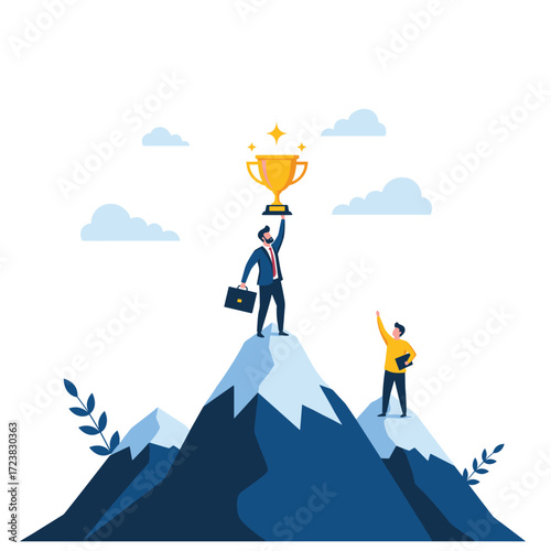 A determined businessman celebrates reaching the summit holding a golden trophy.