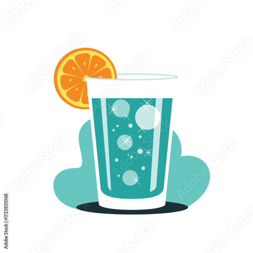 Sparkling blue beverage with orange slice and bubbles.