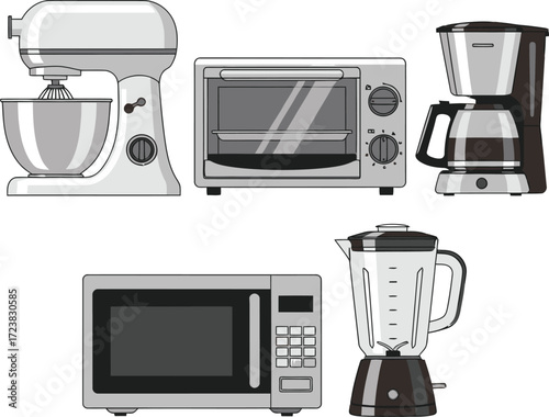 A grayscale collection of common kitchen appliances, featuring a stand mixer, toaster oven, coffee maker, microwave, and a blender in a simple, flat style