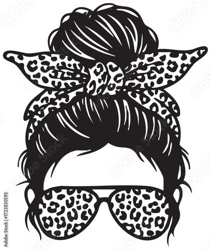 Messy Bun Leopard Print with Sunglasses Vector Illustration