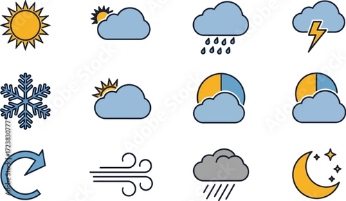 A set of twelve weather icons displaying different conditions such as sunny, partly cloudy, rain, thunderstorm, snowflake, sunrise, sunset, wind, and night with stars