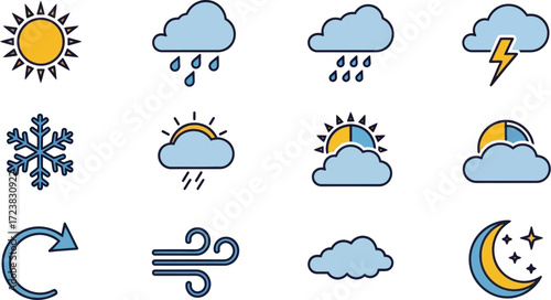A collection of twelve weather icons representing different atmospheric conditions, including sun, rain, thunderstorms, snowflakes, sunrise, sunset, wind, clouds, and a starry night with a moon