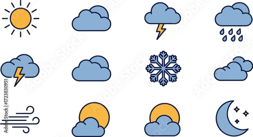 A collection of twelve weather icons illustrating various atmospheric conditions like sun, clouds, thunderstorms, rain, snow, wind, and partially visible sun or moon