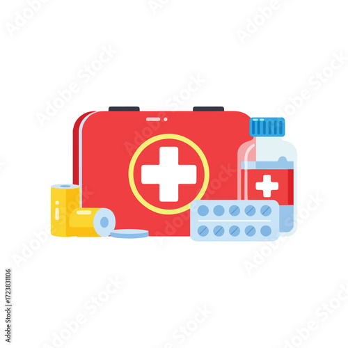 First Aid Kit and Medical Supplies Flat Illustration