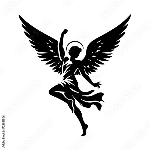 Angel with open wings in dynamic pose, black silhouette vector on transparent background