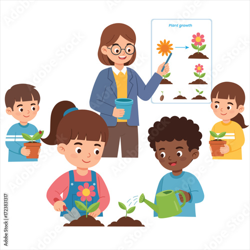 Flat Vector Kids Learning Plant Growth with Teacher – Gardening, Watering, Planting