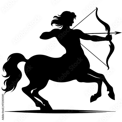 Centaur with a bow in dynamic pose, black silhouette vector on transparent background