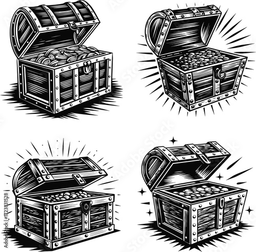 silhouettes open treasure chests filled with gold coins and jewels