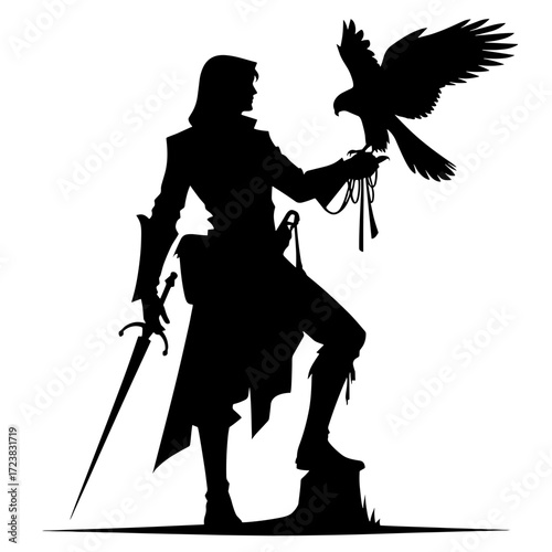 Black silhouette of falconer with bird on hand,  falconer vector on transparent background