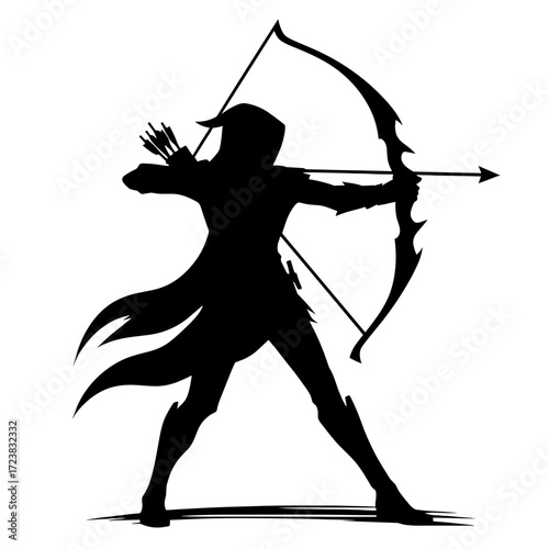 Man in hood with a bow in dynamic pose, black silhouette vector on transparent background