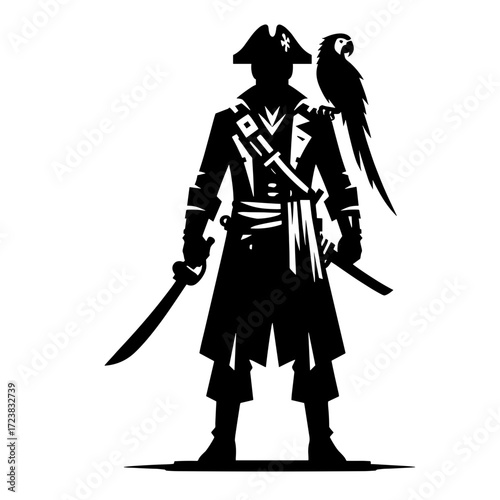 Pirate with a parrot, black silhouette vector on transparent background, isolated pirate