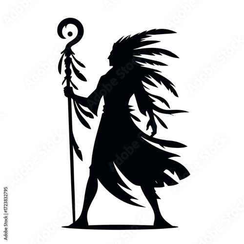 Shaman with a staff and feathers, black silhouette vector on transparent background