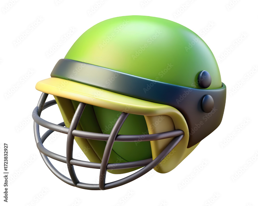 Naklejka premium Green cricket helmet with yellow visor and grill sports equipment safety gear 3d illustration isolated on transparent background