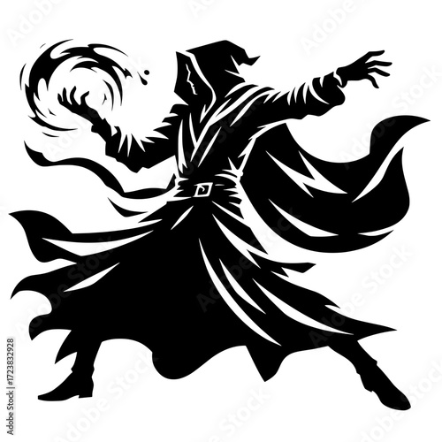Sorcerer casting a spell in dynamic pose, black silhouette vector on transparent background, isolated sorcerer