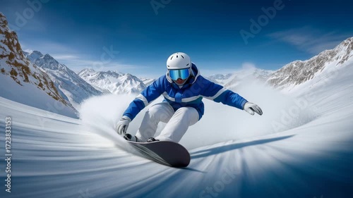 Snowboarder carving fresh powder on mountain slope with dynamic motion and exhilaration, snowboard powder action on snowy winter mountain slope snow