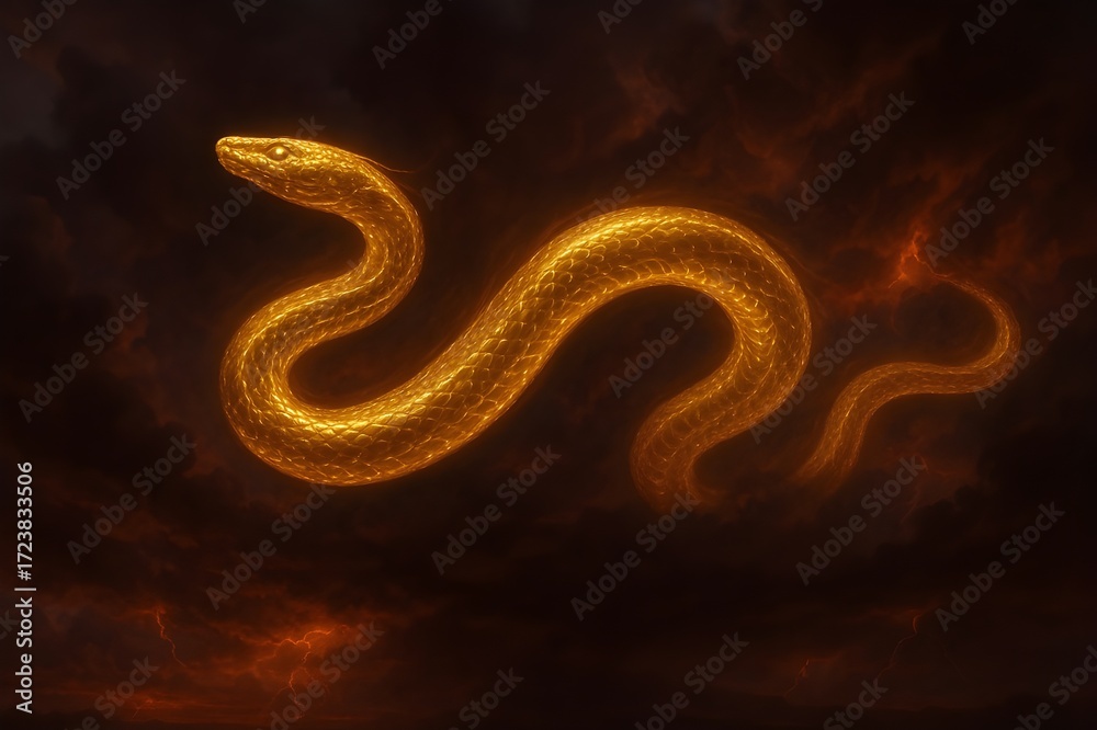 Fototapeta premium Golden Serpent in Crimson Sky – Surreal Mythical Scene