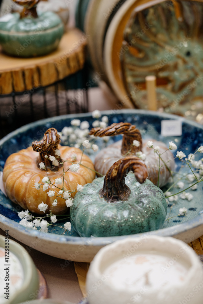 Fototapeta premium A set of decorative clay gourds with a twisted stem