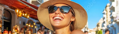 A smiling woman in sunglasses and a straw hat enjoys a sunny day at a vibrant outdoor market, exuding joy and warmth.