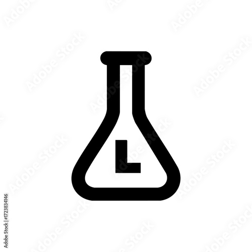 Laboratory flask with bold letter L inside symbolizing science, longevity research, and innovative analytics.