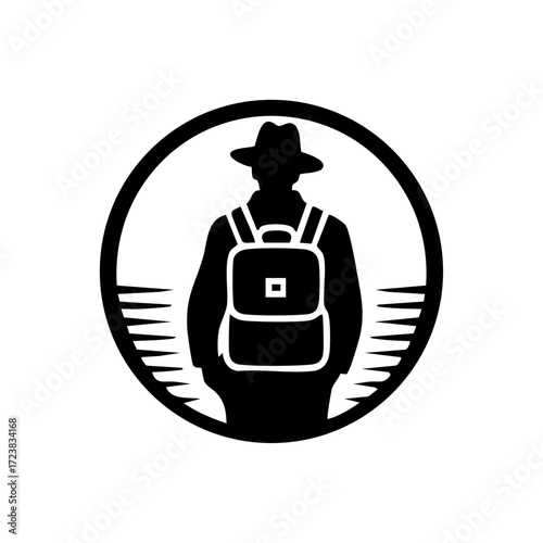 Traveler silhouette with backpack and hat inside a circle representing digital nomad lifestyle and global travel planning.