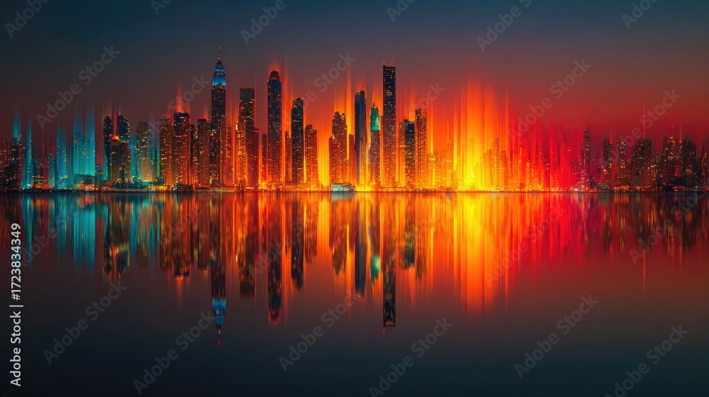 Fototapeta premium Bright futuristic city skyline with fiery neon reflections on water