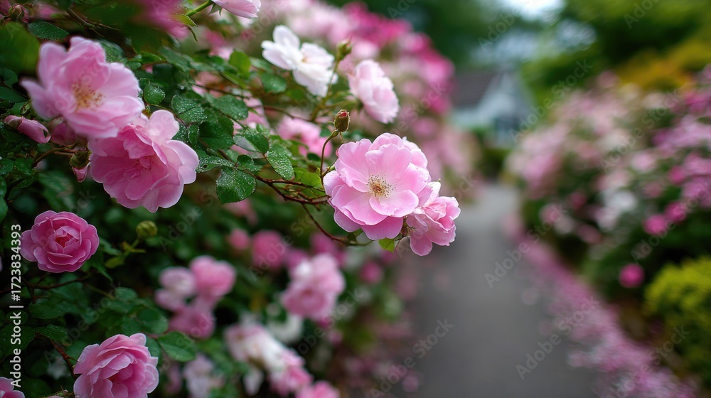 Fototapeta premium Pathway with blooming pink roses and garden flowers in spring