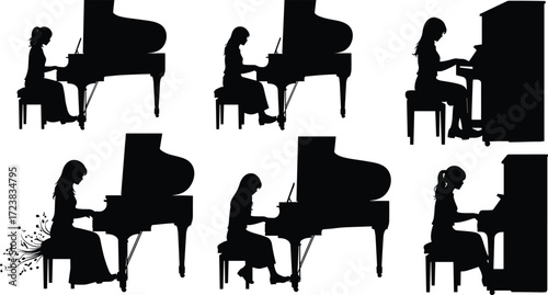 Pianist silhouette, grand piano, upright piano, black figure, music performance, seated pose, artistic style, vector art, entertainment, concert vibe