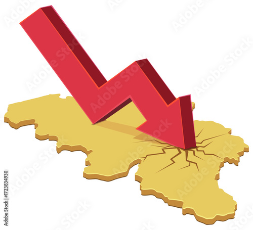 3D yellow map of Belgium with a downward arrow making cracks on the map (cut out)