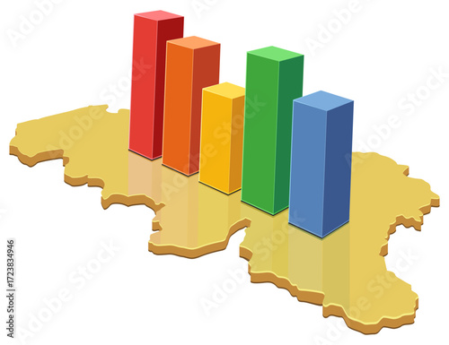 3D yellow map of Belgium with one of the multicolored statistic bars placed on it (cut out)