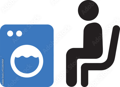 washing machine, icon, person, sitting, chair, laundry, appliance, domestic, chore, waiting, symbol, illustration, graphic, vector, blue, black, isolated, white background, laundry room, domestic icon