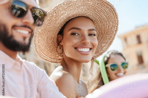 A joyful group enjoying a sunny day outdoors, featuring a smiling woman in a straw hat and friends, exuding happiness and relaxation.