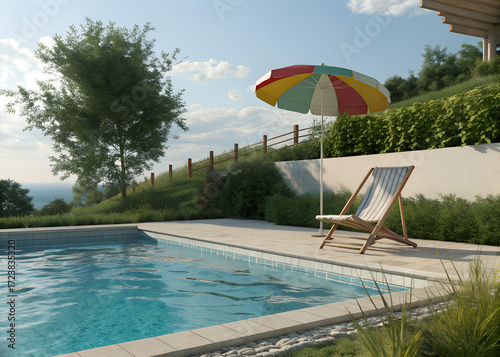 A lounge chair and colorful umbrella beside a clear swimming pool outdoors