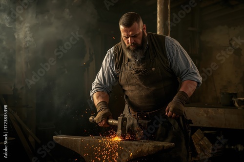 Rugged blacksmith strikes glowing iron, sparks flying in dim historic workshop