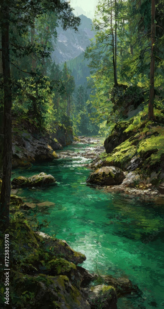 Naklejka premium Verdant mountain river valley