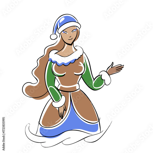 Animated woman in winter attire waving in festive colors  