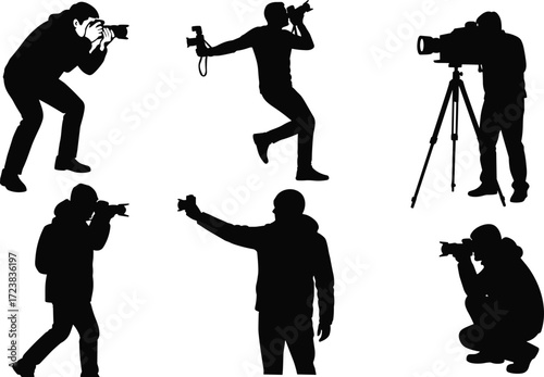 Photographer silhouette, camera pose, video recording, black figure, selfie stance, tripod setup, vector art, media concept, content creation, equipment