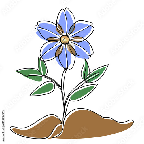 Blue flower growing from soil with green leaves and simple design  