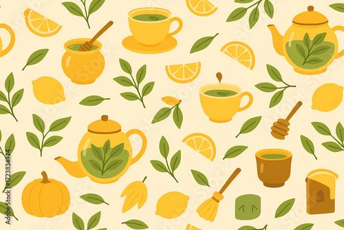 Seamless Herbal Tea Pattern with Teapots, Herbal Leaves, Lemons and Honey, Decorative Illustration for Wellness, Relaxation, Seasonal Branding and Self-Care Projects