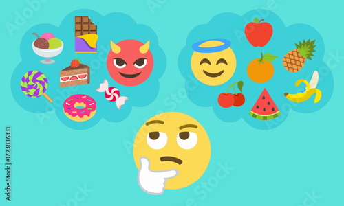 Vector illustration of thinking emoji face imagining devil sweets like candy, donut, cake, chocolate, and angel fruits like apple, banana, watermelon, and pineapple. Concept of diet choice and health.