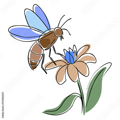Bee pollinating flower with blue petals and green leaves  