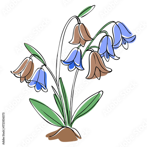 Bluebell flowers illustrated with green leaves in a minimalist style  