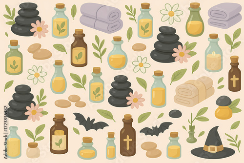 Seamless Spa Pattern with Stones, Flowers, Essential Oils and Towels, Relaxing Illustration for Wellness, Self-Care, Aromatherapy and Spa Branding Projects