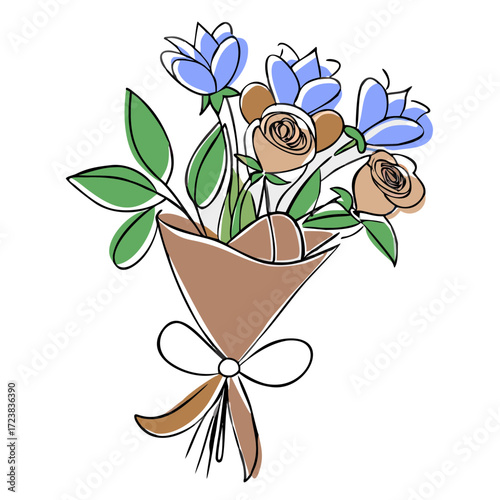 Flower bouquet with blue and brown roses wrapped in brown paper  