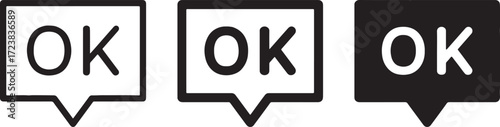 ok, text, word, message, speech bubble, chat, communication, approval, agreement, confirmation, sign, symbol, icon, illustration, graphic, design, black and white, outline, filled, modern, simple, typ
