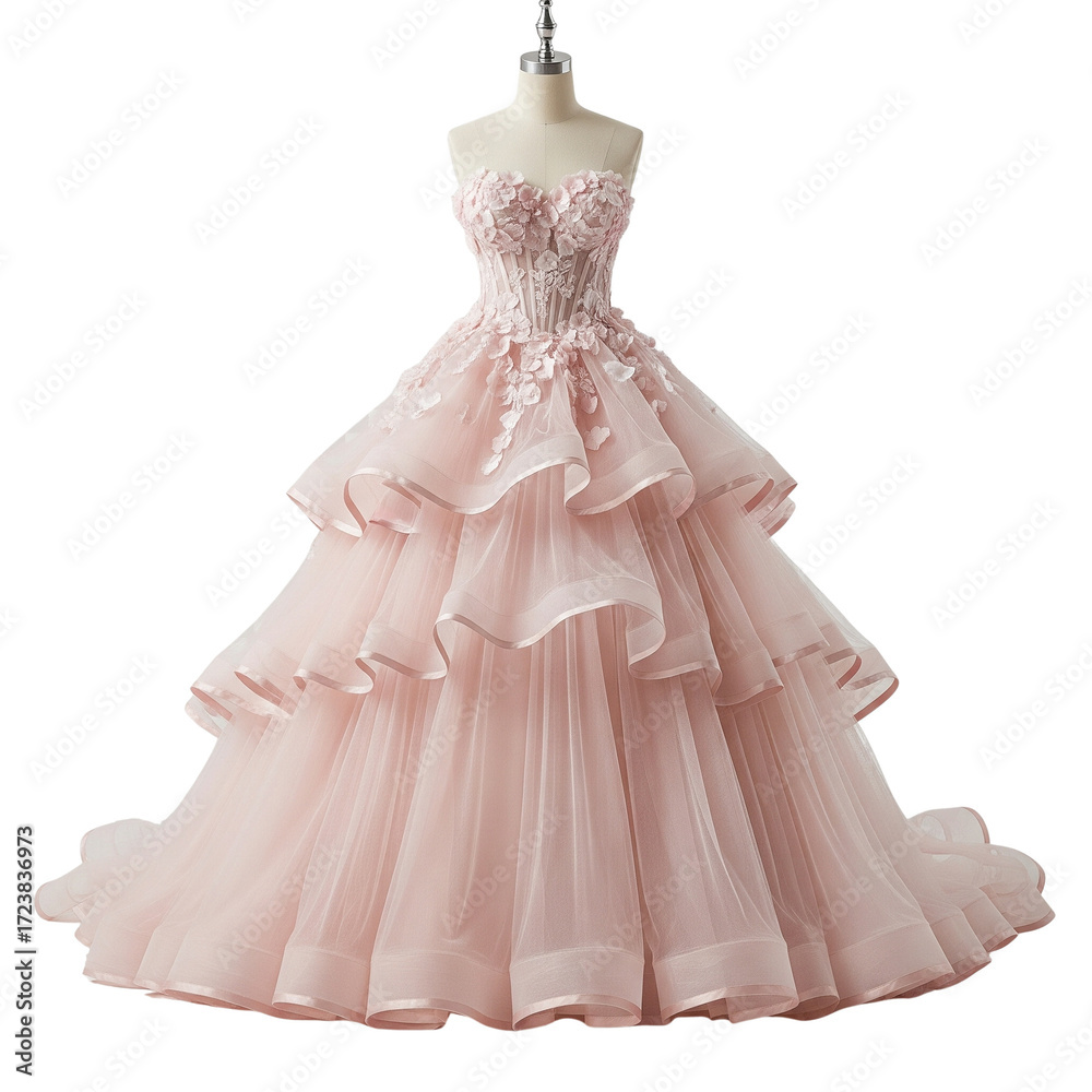 Obraz premium Romantic Blush Pink Layered Ball Gown with Floral Appliqué Bodice.